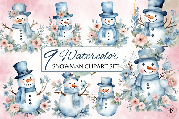 Download Blue Floral Watercolor Snowman Clipart - Blue floral watercolor Collection