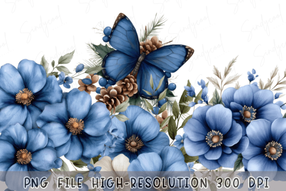 Download Blue Floral Watercolor Winter Butterfly - Blue floral watercolor Collection